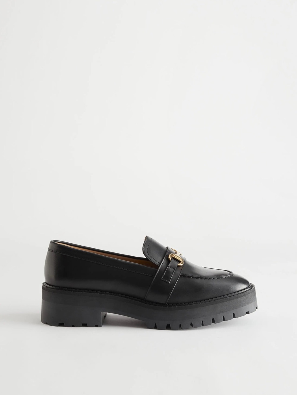 & Other Stories Black Leather Lug-Sole Loafers with Gold Buckle